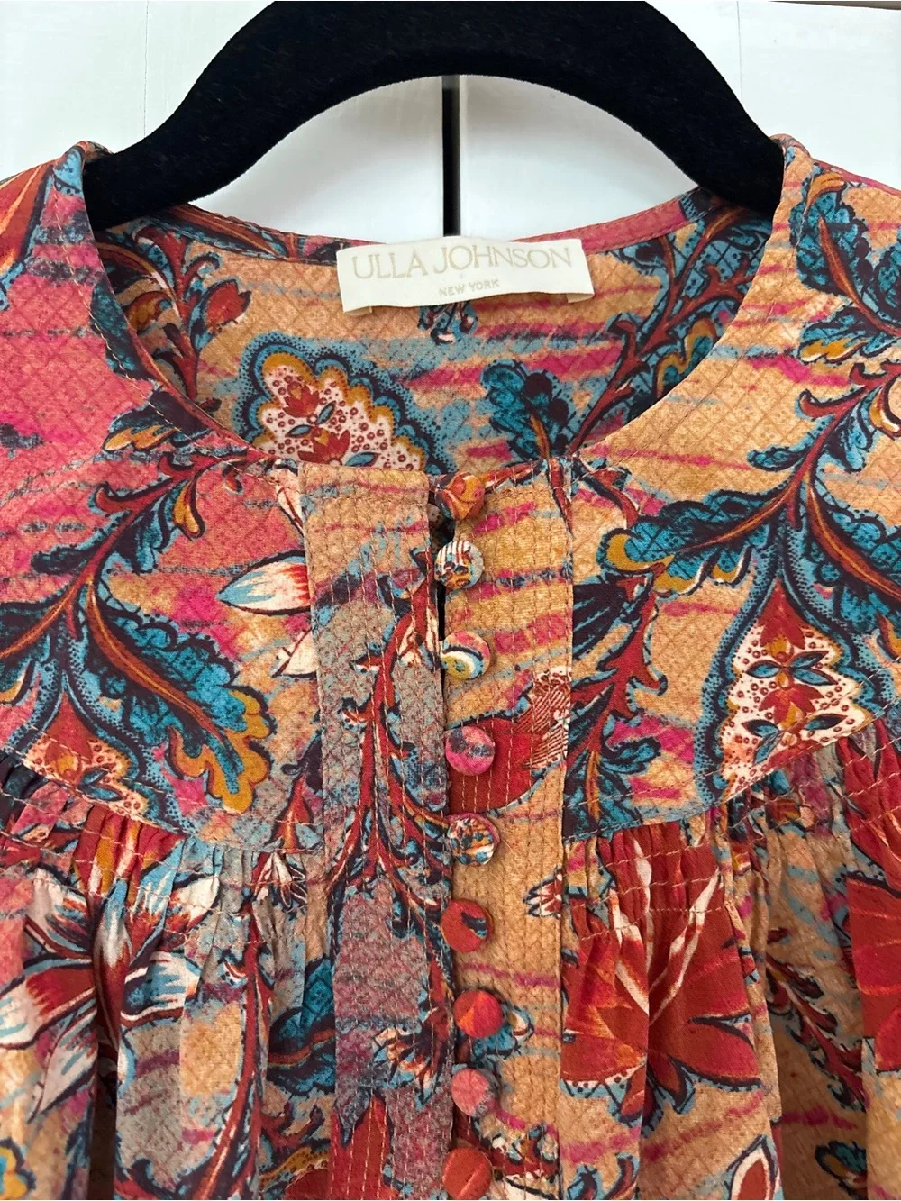 ULLA JOHNSON Dina Top in Coral Bloom Size 2 Puff Sleeve Bib Collar 100% Silk